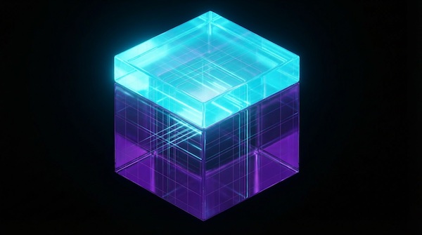 Abstrakte 3D-Visualisierung für Interim Management Phase 2: Der violette Unternehmens-Kubus wächst vertikal durch eine neue, leuchtende cyanfarbene Ebene, was operative Skalierung darstellt.