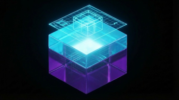 Abstrakte 3D-Visualisierung für Interim Management Phase 3: Ein cyanfarbenes Hologramm über dem vollendeten Unternehmens-Kubus symbolisiert den Wissenstransfer und die souveräne Übergabe.