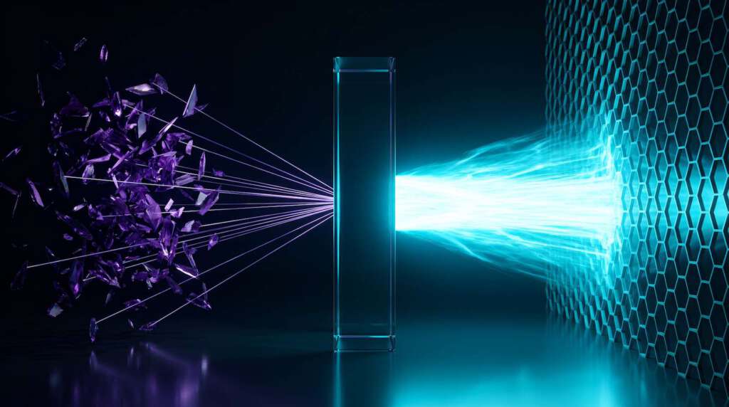 Visualisierung der technologischen Gleichrichtung: Ein massiver, vertikaler Glas-Monolith bündelt chaotische, dunkle Fragmente und transformiert sie in einen gewaltigen, dicken Electric Cyan Datenstrom, der eine stabile Infrastruktur speist. Symbolisiert die Kraft von Interim Management im Turnaround.