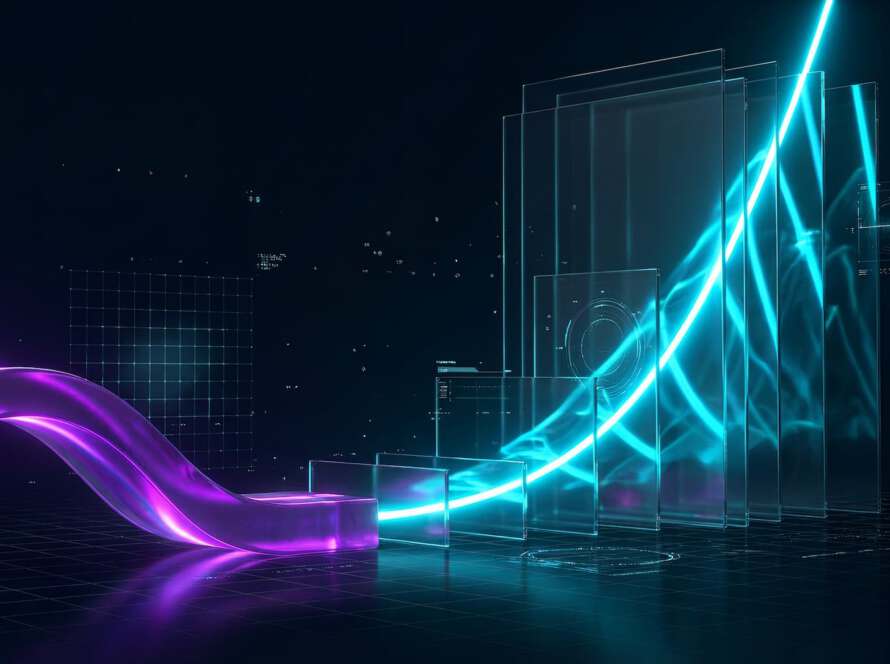 Abstrakte 3D-Datenvisualisierung zum Zinseszins-Effekt digitaler Souveränität: Eine träge, leuchtende violette Kurve (Kosten der Unsichtbarkeit) stagniert am Boden, während ein intensiv glühender Cyan-Neon-Pfad exponentiell durch Glaspaneele nach oben steigt. Futuristisches Command-Center-HUD-Design auf tiefschwarzem Hintergrund.