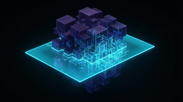 Abstrakte 3D-Visualisierung der Revenue Architecture - Phase 1: Ein violetter Daten-Cluster aus Glas wird von einer breiten, cyanfarbenen Licht-Ebene durchleuchtet und analysiert.
