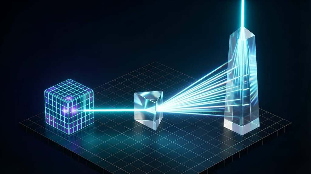 Abstrakte 3D-Visualisierung der Revenue Architecture: Ein leuchtender, violetter Infrastruktur-Würfel sendet einen Strahl durch ein Prisma, der schließlich in einem Monolithen zur Skalierung gebündelt wird.