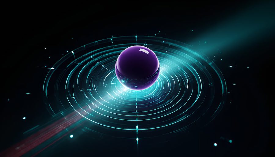 Abstrakte 3D-Visualisierung der Revenue Architecture: Ein dunkler, purplefarbener Strategie-Kern behauptet sich im Zentrum heller, Cyan Scanner-Ringe, die volatile Märkte symbolisieren.