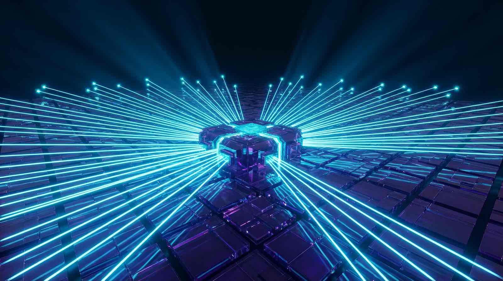 Eine futuristische Sendestation aus Deep Purple Glas auf einer weiten Glaslandschaft, die ein fächerförmiges Array aus parallelen Electric Cyan Laserstrahlen bis zum Horizont aussendet. Dies visualisiert WhitePress als leistungsstarke Plattform für globale Content-Distribution und Reichweite.