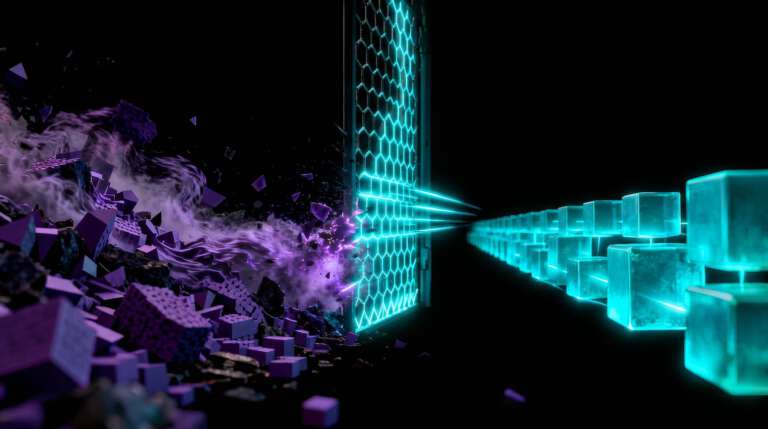 Eine abstrakte 3D-Visualisierung eines 'Data Validation Gate' im DeepTech-Stil. Links prallt ein chaotischer Strom aus violetten, defekten Datensplittern (Dirty Data) gegen eine neon-türkise Laser-Firewall. Rechts treten nur perfekt strukturierte, leuchtende Datenwürfel (Clean Data) aus dem Filter hervor und bilden eine stabile Linie im dunklen Raum. Symbolbild für B2B Data Hygiene als Voraussetzung für funktionierende KI-Modelle.