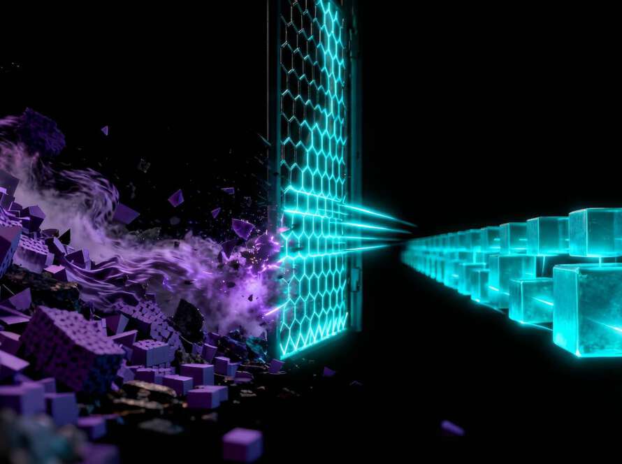 Eine abstrakte 3D-Visualisierung eines 'Data Validation Gate' im DeepTech-Stil. Links prallt ein chaotischer Strom aus violetten, defekten Datensplittern (Dirty Data) gegen eine neon-türkise Laser-Firewall. Rechts treten nur perfekt strukturierte, leuchtende Datenwürfel (Clean Data) aus dem Filter hervor und bilden eine stabile Linie im dunklen Raum. Symbolbild für B2B Data Hygiene als Voraussetzung für funktionierende KI-Modelle.