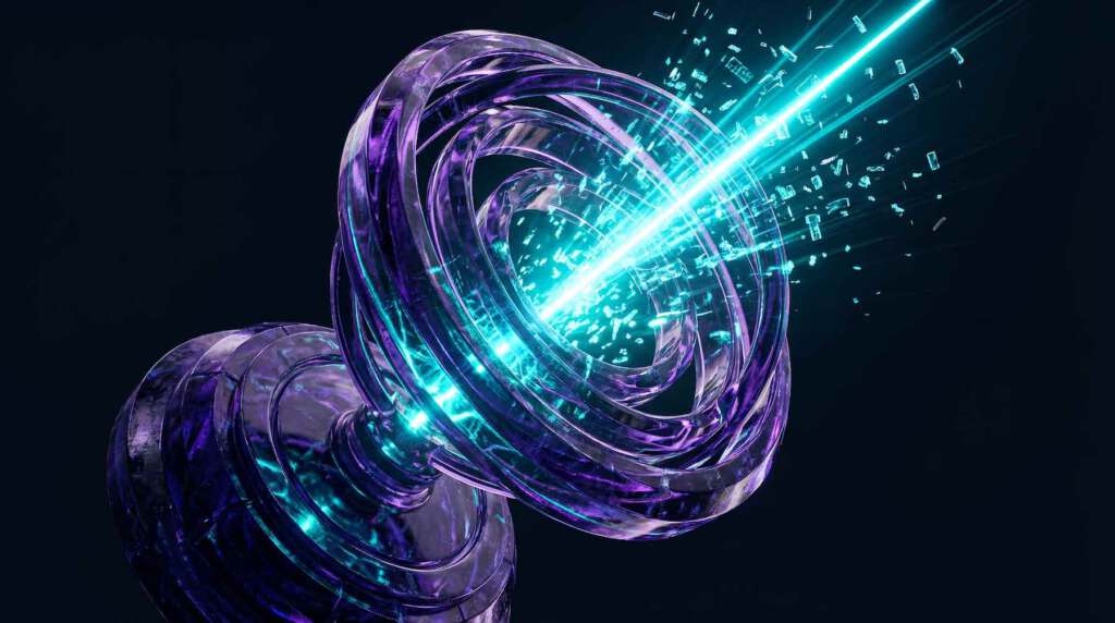 Abstrakte 3D-Visualisierung eines strategischen Systems im Blindflug: Ein futuristischer Gyroskop-Projektor auf dunklem Obsidian-Sockel sendet statt klarer Signale nur fehlerhafte Cyan-Glitches in die Dunkelheit, was das Risiko einer Führungsvakanz symbolisiert.