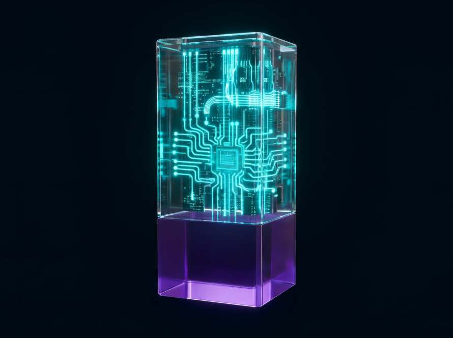 Futuristischer 3D-Glas-Monolith als Symbol für eine integrierte Marketing OS Architektur: Ein solides lila Daten-Fundament stützt eine leuchtend cyanblaue Logik-Ebene, die skalierbares B2B-Wachstum ohne Datensilos visualisiert.